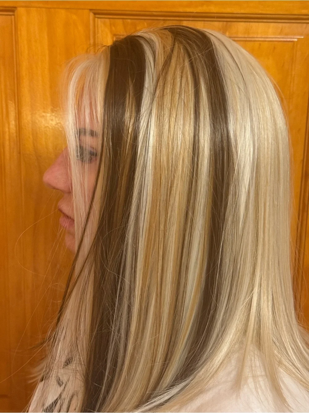 Lace Front Straight Wig Light Blond/Dark Brown Highlights Clip-In Free-Part